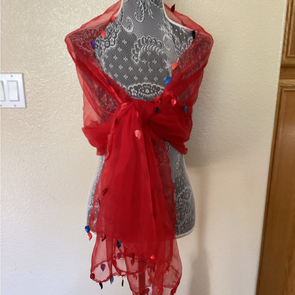 Red chiffon scarf embellished with foil multi color leaves